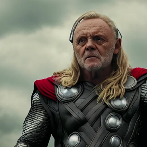 Image similar to Anthony Hopkins as Thor, in the movie Thor: Love and Thunder, cinematic drone photography