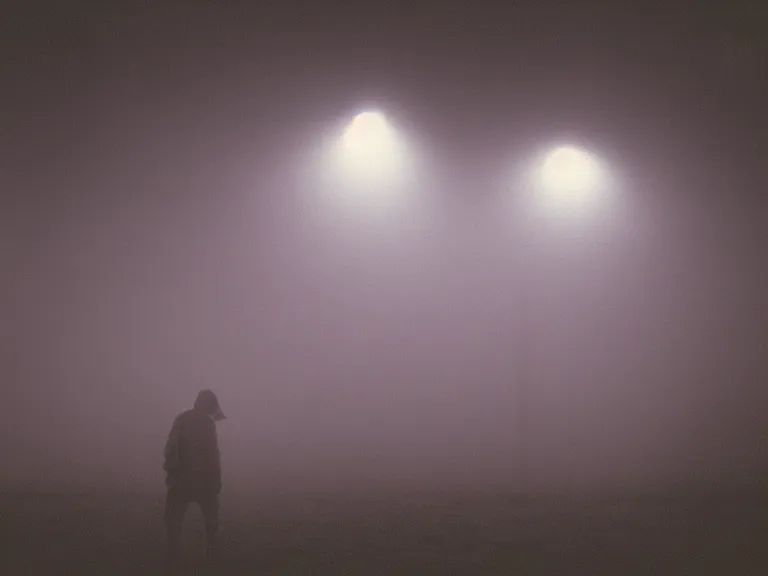 Image similar to kodak gold 2 0 0 film photograph of a vagrant at night volumetric fog