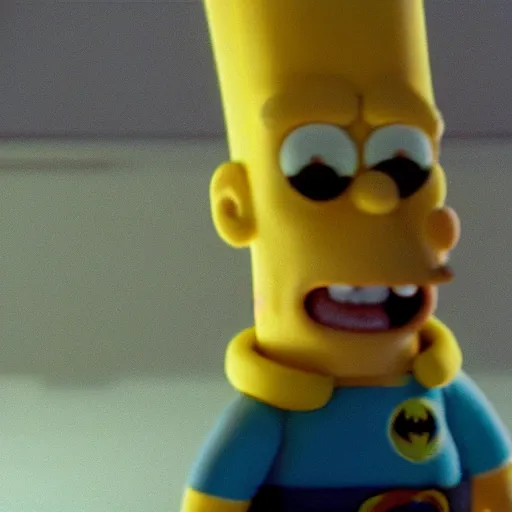 Prompt: still image of bart simpson in the dark knight, cinematic, anamorphic, 8 0 mm f / 2. 8 l, 3 5 mm film, movie