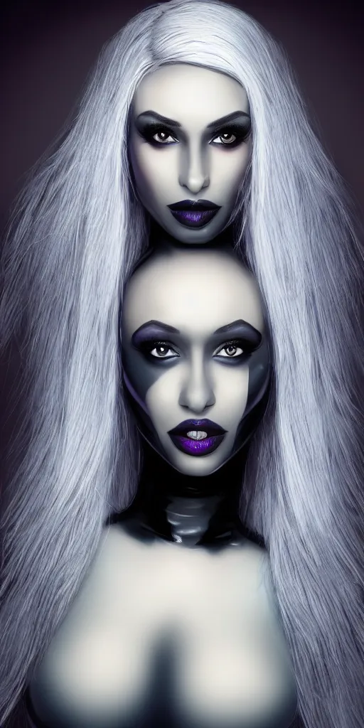 Prompt: drow woman with beautiful eyes, symmetrical face, and a latex top