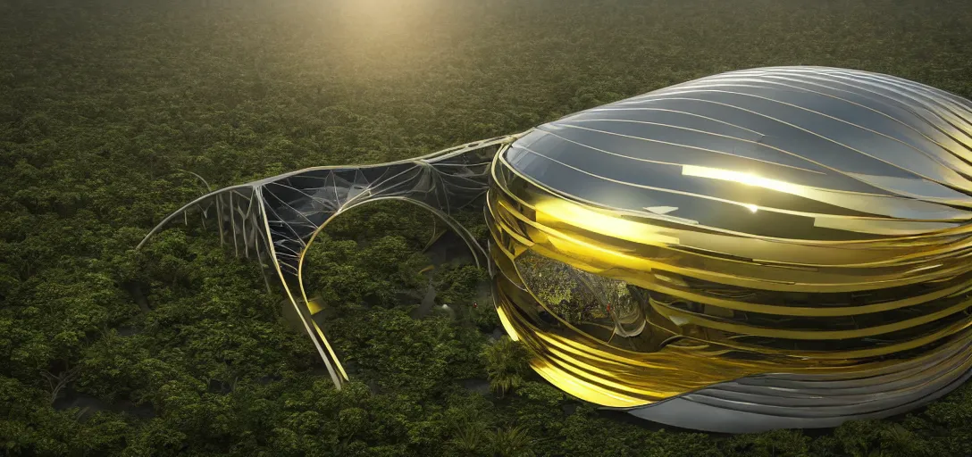 Image similar to futuristic shinny golden mirror building camouflaged in an jungle landscape of a solarpunk world by frank gerhy and oscar niemeyer, shinny golden roads and bridges designed by zaha hadid, movie poster, spiral golden ratio, at dusk lighting, evening lighting, reflections, film still, hyper realistic, octane render redshift arnold materials unreal engine, 8 k post production, hyper detailed