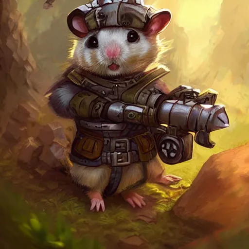 Image similar to cute little anthropomorphic Hamster Soldier, ultra wide lens shot , tiny, small, Jungle camouflage, short, cute and adorable, pretty, beautiful, DnD character art portrait, matte fantasy painting, DeviantArt Artstation, by Jason Felix by Steve Argyle by Tyler Jacobson by Peter Mohrbacher, cinematic lighting