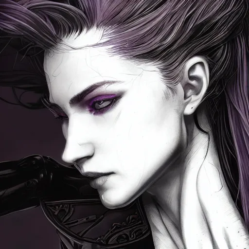 Prompt: close up portrait of julia fox in smooth purple sci - fi armor, long black ponytail, elegant, intense, woman, an ultrafine hyperdetailed illustration by kim jung gi, irakli nadar, intricate linework, sharp focus, bright colors, octopath traveler, final fantasy, unreal engine 5, global illumination, radiant light