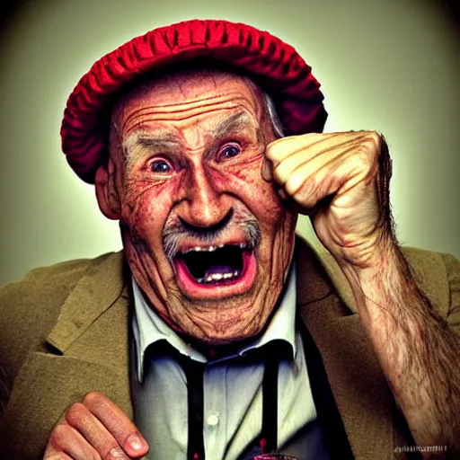 Image similar to a hilarious grumpy old man wearing a funny hat and has the expression of screaming and yelling, shaking his fist at those darn kids again! Digital art, humorous