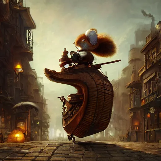 Image similar to oil painting of steampunk hamster, riding on giant duck, steampunk city background, sharp focus, fantasy style, octane render, volumetric lighting, 8k high definition, by greg rutkowski, highly detailed, trending on art Station, explosions, magic the gathering artwork, centered