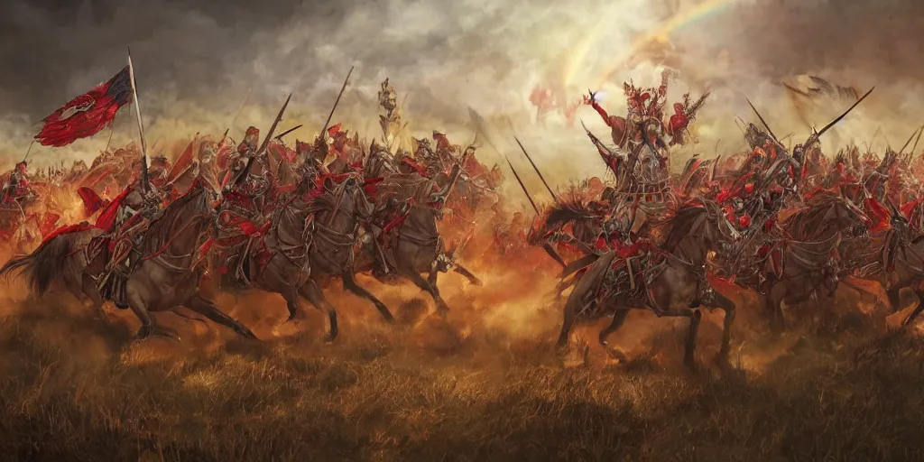 Image similar to Majestic powerfull red white Winged Hussars cavalry horde charging at ugly rainbow demons and trolls on ground, huge golden cross above them on the sky, white red eagle helping hussars, blood, snow, wide angle, professional kodak lenses, magic, fire, face painting, dramatic lighting, intricate, wild, highly detailed, digital painting, artstation, concept art, smooth, sharp focus, illustration, art by Beksiński Różalski artgerm and greg rutkowski and alphonse mucha, footage from space camera