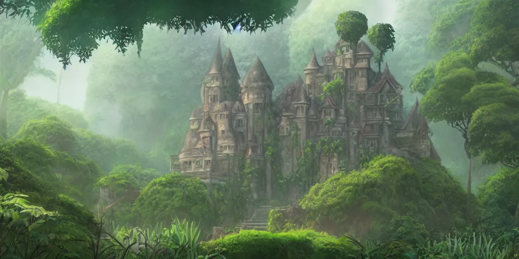 Image similar to a castle hidden in the jungle, overgrown with trees, misty, whimsical, ghibli art style, highly detailed, 4 k