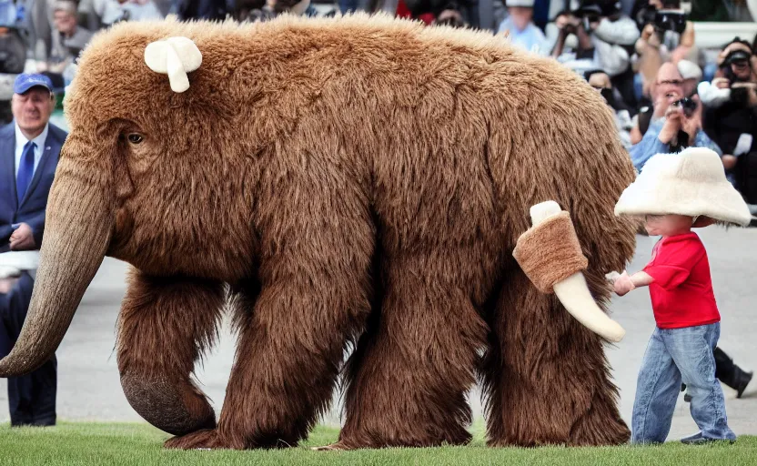 Image similar to Donald Trump in a baby mammoth costume , with an open face