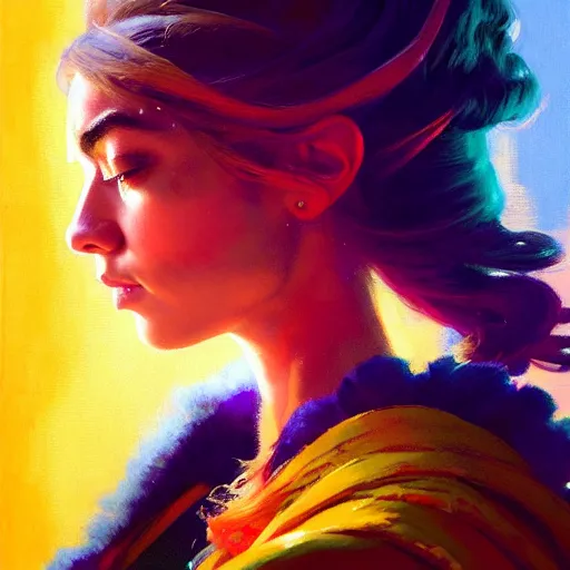 Image similar to side portrait, imogen poots, paladin, gloomhaven, colorful gaudy colors, luminescent, hard edges, organic painting, by greg manchess, huang guangjian, gil elvgren, greg rutkowski, jesper ejsing, magali villeneuve, artgerm, ilya kuvshinov