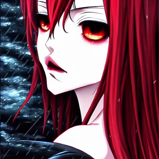 Image similar to beautiful seductive female vampire, in the rain, highly detailed, painting, dark red and black color palette, intricate, high quality anime artstyle, in the style of sana takeda