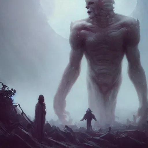 Image similar to a beautiful terrifying immense pale humanoid giant looms over a tiny human. ethereal horror fantasy art by greg rutkowski