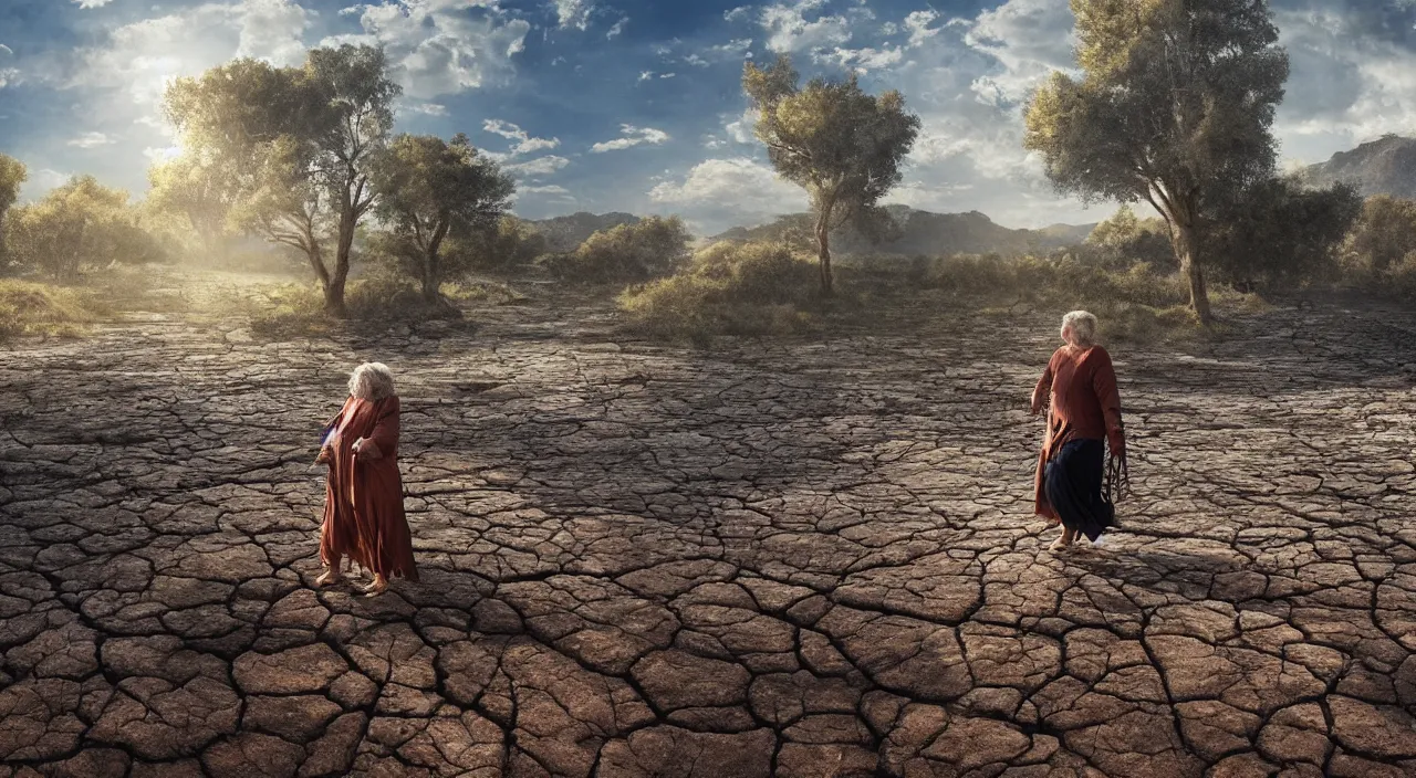 Prompt: Giant 65-year-old giant Gaia woman crying as she walks over a dried up river, blue sky, warm and sunny, highly-detailed, elegant, dramatic lighting, artstation, 4k, cinematic landscape