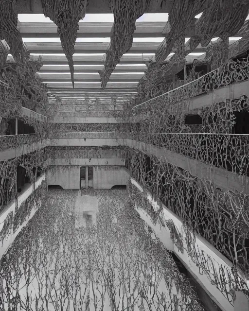 Image similar to brutalist architecture, made of intricate decorative lace leaf skeleton, in the style of the dutch masters and gregory crewdson, dark and moody