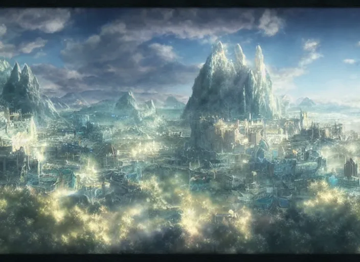 Image similar to Fantasy floating sky continent as seen from a distance. hidari, color page, tankoban, 4K, tone mapping, Akihiko Yoshida.