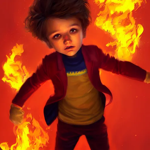 Image similar to colorful and festive captivating young child boy, brown fluffy hair, wearing red and yellow hero suit, shooting a fire ball out of his fist. full body, rich vivid colors, ambient lighting, dynamic lighting, 4 k, atmospheric lighting, painted, intricate, highly detailed by charlie bowater