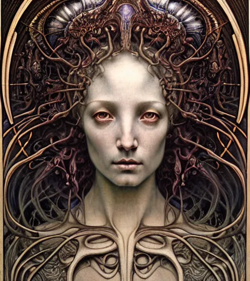 Image similar to detailed realistic beautiful young medieval alien queen face portrait by jean delville, gustave dore and marco mazzoni, art nouveau, symbolist, visionary, gothic, pre - raphaelite. horizontal symmetry by zdzisław beksinski, iris van herpen, raymond swanland and alphonse mucha. highly detailed, hyper - real, beautiful