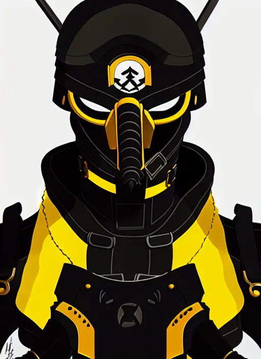 Image similar to anime portrait of a vicious helldiver scout soldier, black armor with yellow accents, full body illustration, head to toe, ilya kuvshinov, anime, pixiv top monthly, trending on artstation, cinematic, danbooru, zerochan art, kyoto animation