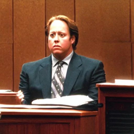 Image similar to James Spader as Alan Shore standing in a courtroom.