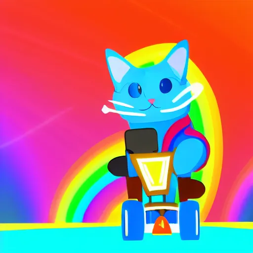 Prompt: digital illustration of a cat with wind blowing through his jacket, driving a kart through rainbow road, 4K