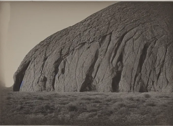 Image similar to Distant view of a huge inselberg carved by the wind and sand, towering over sparse desert vegetation, rocks and boulder, albumen silver print, Smithsonian American Art Museum