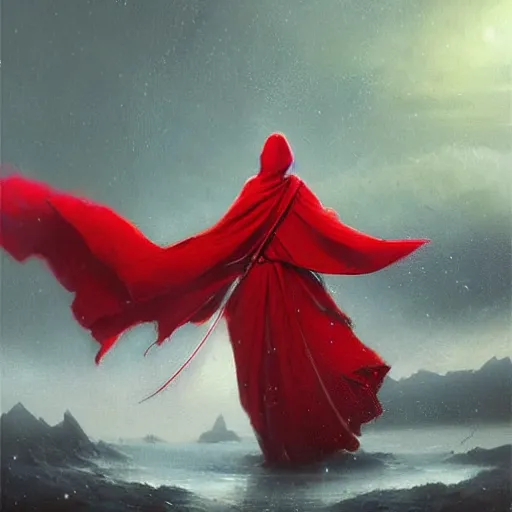 Image similar to ''cinematic shot'' red hooded mage ( spectre ) with bells ringing simetrical 8 k atmosferic realistic, wearing a green cape, holding a bell, made by ivan aivazovsky, peter mohrbacher, greg rutkowski volumetric light effect broad light oil painting painting fantasy art style sci - fi art style realism premium prints available artwork unreal engine