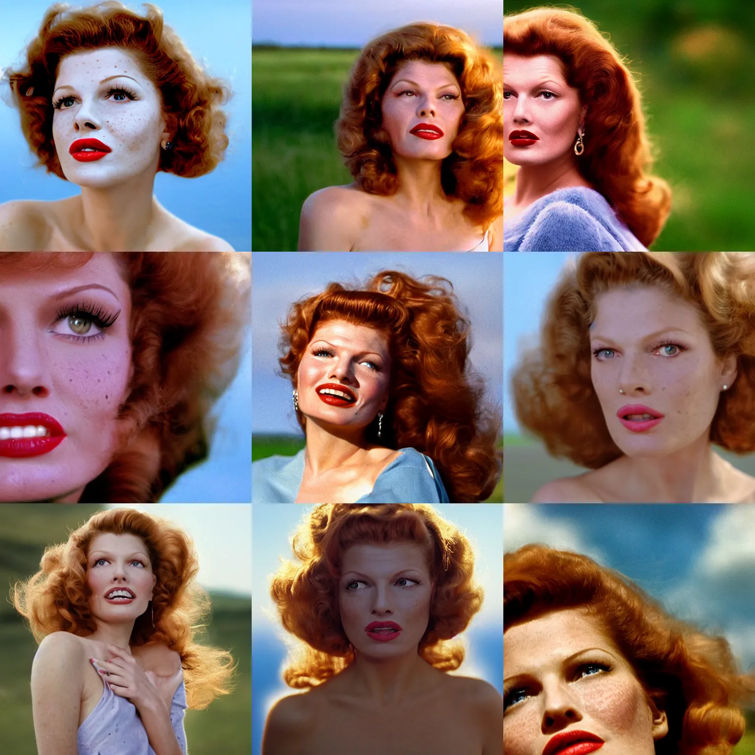 Prompt: natural 8 k close up shot from a 2 0 0 5 romantic comedy by sam mendes of rita hayworth with freckles, natural skin, beauty spots small lips and brown lipstick. she stands and looks on the horizon with winds moving her hair. fuzzy blue sky in the background. no make - up, small details, natural lighting, 8 5 mm lenses, sharp focus