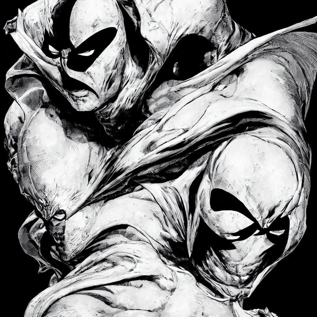 Image similar to moon knight, accurate, intricate detail, moon in the background, highly detailed, smooth, sharp focus, detailed face, high contrast, dramatic lighting, graphic novel, art by Ardian Syaf and Pepe Larraz sharp focus, detailed, high contrast, center frame, trending on artstation,