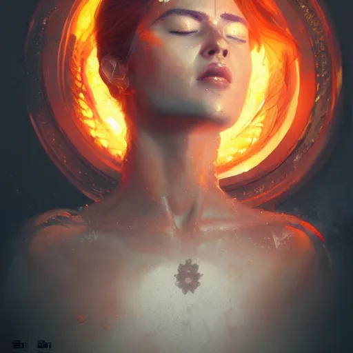 Image similar to a beautiful portrait of a fire goddess with closed eyes by greg rutkowski and raymond swanland, trending on artstation, flaming background, ultra realistic digital art