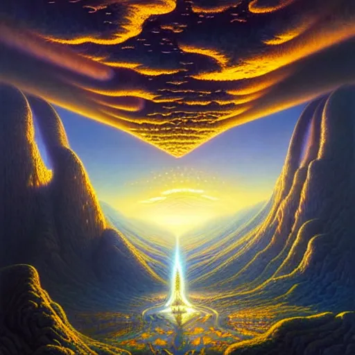 Prompt: of an impossible landscape with a infinite multi dimension portal, spaceship bending spacetime with a beautiful ultra detailed matte painting a lush mountain range at dusk by tomasz alen kopera and Justin Gerard and Dan Mumford, tarot card, dazzling energy, ultra wide angle shot, high angle shot, intricate, fractal magic, rays of god, hyperdetailed, micro details, volumetric lighting, 8k, ray tracing, polarized lens