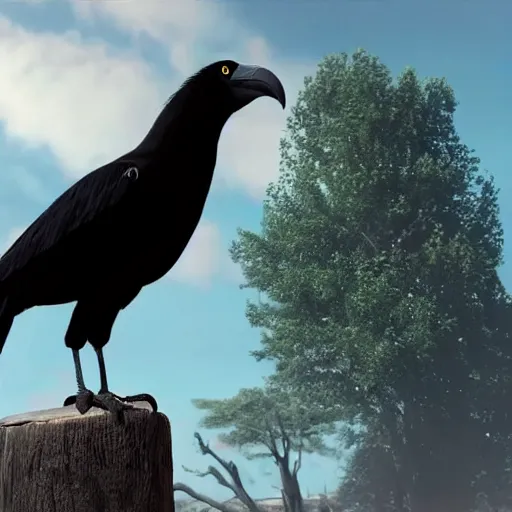 Image similar to a giant crow with a large straight black beak, photorealistic computer animation, film by Jon Favreau