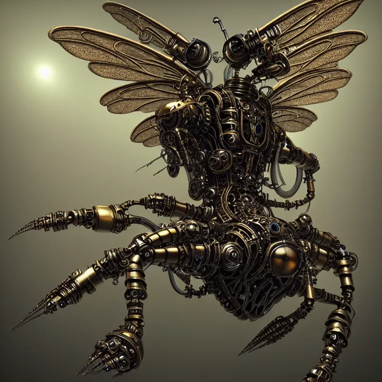 Image similar to steampunk cybernetic biomechanical bee with wings, 3 d model, very coherent symmetrical artwork, unreal engine realistic render, 8 k, micro detail, intricate, elegant, highly detailed, centered, digital painting, artstation, smooth, sharp focus, illustration, artgerm, tomasz alen kopera, wlop