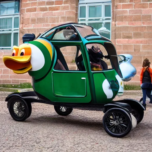 Prompt: a car that looks like a duck, a duck with wheels