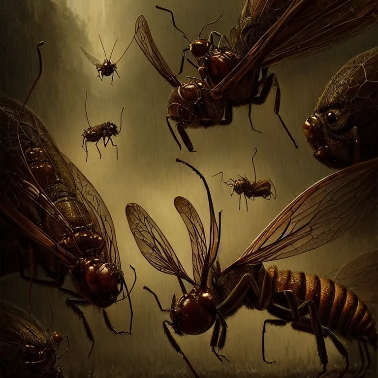 Prompt: epic professional digital art of startling hungry insects, faint golden moody atmospheric lighting, painted, intricate, detailed, detailed, foreboding, by leesha hannigan, wayne haag, reyna rochin, ignacio fernandez rios, mark ryden, iris van herpen,, epic, stunning, gorgeous, much wow, cinematic, masterpiece.