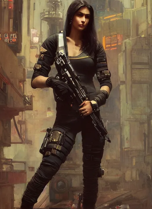 Image similar to Nikki. dangerous beautiful cyberpunk female USN marine wearing a military vest and military jumpsuit (cyberpunk 2077, bladerunner 2049). gorgeous face. Iranian orientalist portrait by john william waterhouse and Edwin Longsden Long and Theodore Ralli and Nasreddine Dinet, oil on canvas. Cinematic, hyper realism, realistic proportions, dramatic lighting, high detail 4k