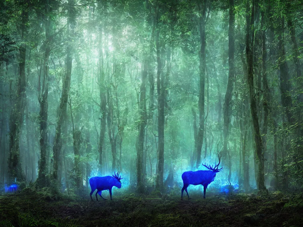 Image similar to a fantasy beautiful dense biorelevant rainforest setting, ultrawide angle, a large blue glowing elk herd, surround it with pixie dust ether floating in the air, hdr, epic scale, cmyk, deep spectrum color