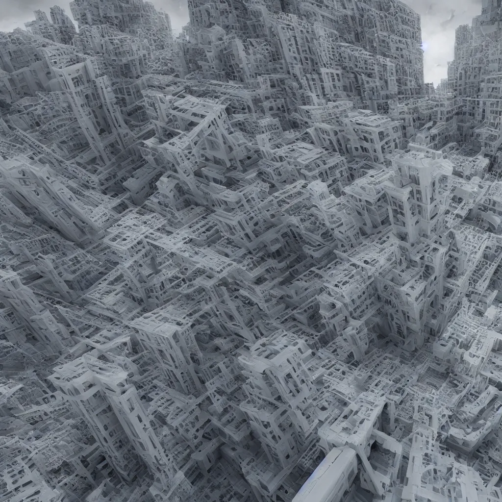 Image similar to impossible 3 d fractal building, octane render