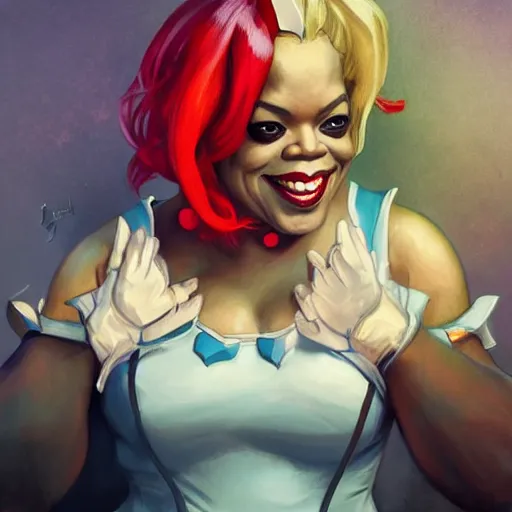 Image similar to Portrait of Oprah Winfrey as Harley Quinn, by artgerm and greg rutkowski and alphonse mucha and loish and WLOP, artstation, detailed, concept art, deviantart, colorful