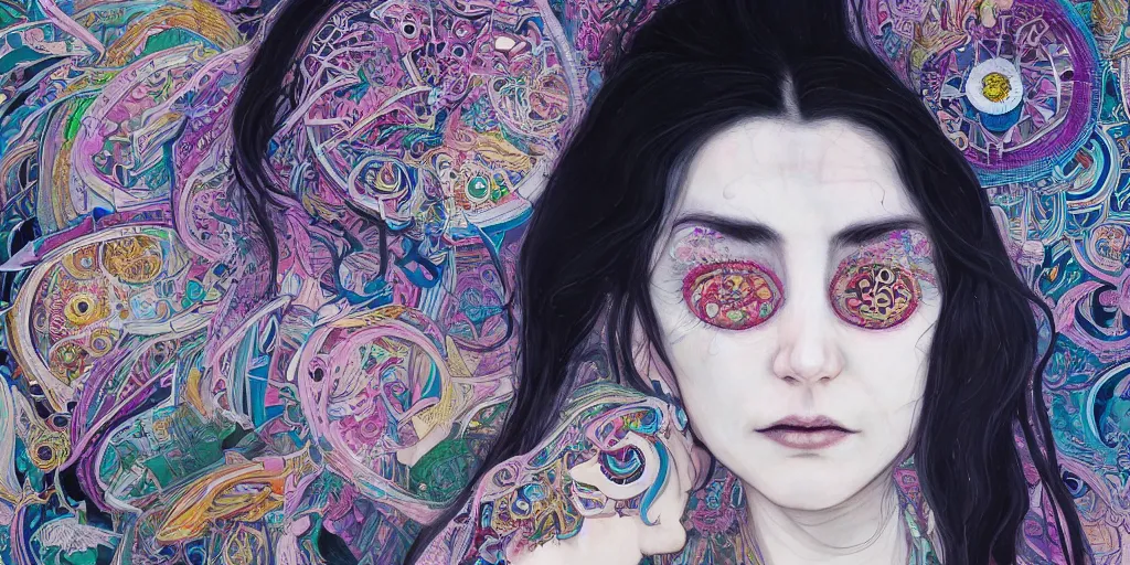 Image similar to full view portrait of a pale gypsy woman crying, in the style of jin kagetsu and james jean, background by beatriz milhazes, highly detailed, big glowing eyes, face symmetry, masterpiece, sharp focus, realistic intricate concept art, dramatic lighting, 8 k