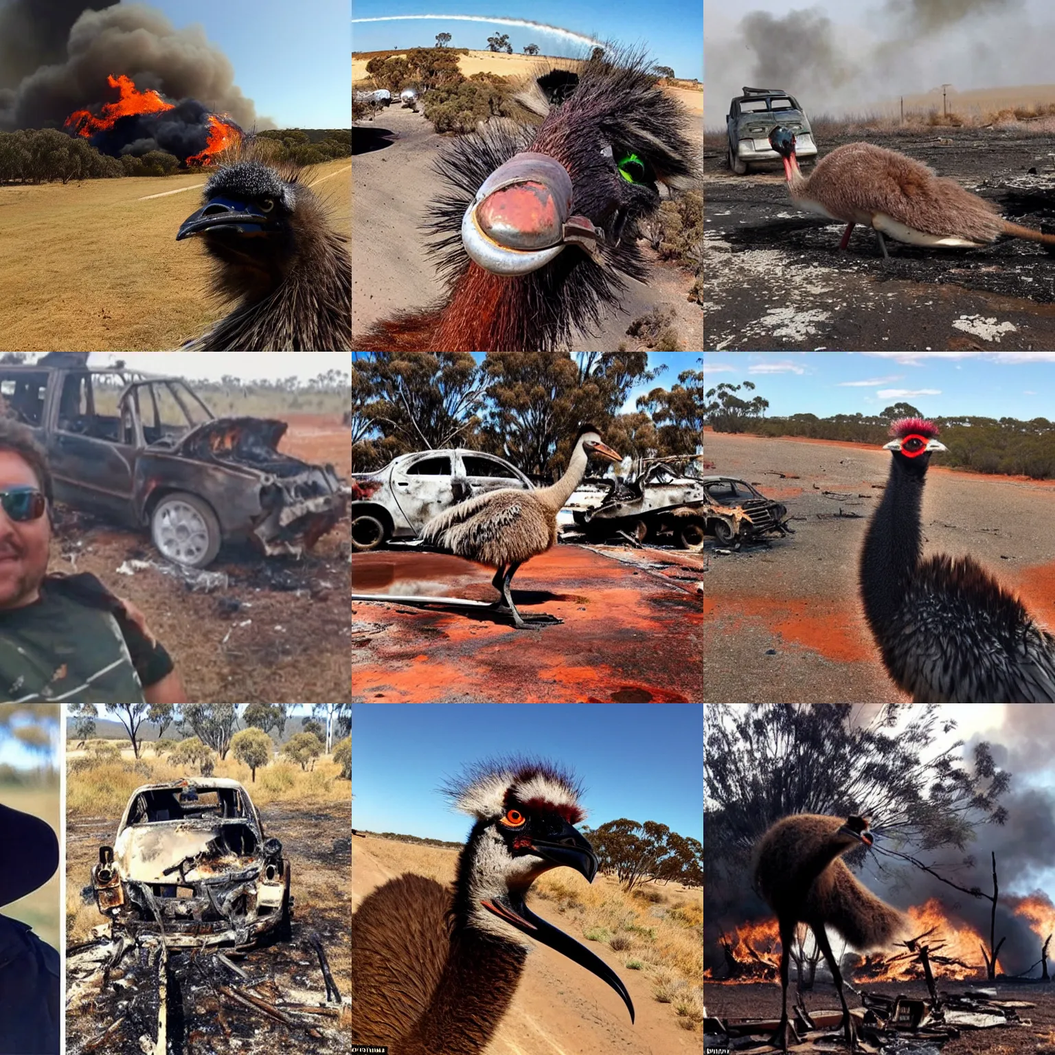 Prompt: a selfie of an emu with the wreck of a burning tank in australia, cinematic