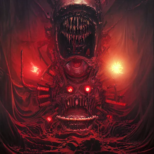 Prompt: painting of a blood drenched futurist altar with a glowing blind eyes and a screaming maw, heavy metal aesthetics, award winning digital art by brom and santiago caruso