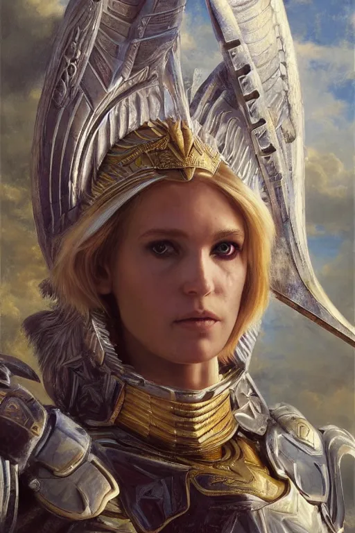 Image similar to a beautiful valkyrie , half body portrait, blond hair, gold chainmail armour, realistic oil painting by Thomas Cole and Wayne Barlowe and Boris Valejo