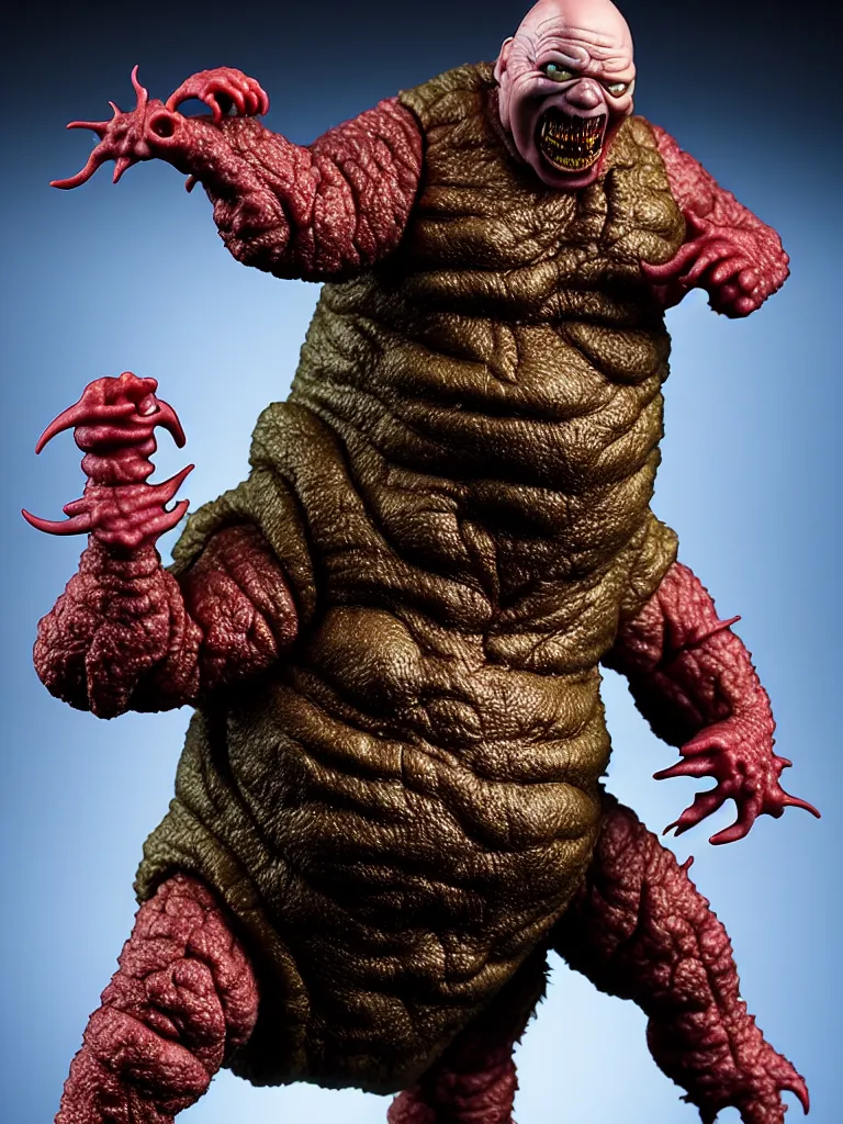 Prompt: hyperrealistic rendering, fat smooth john carpenter's the thing by bernie wrightson and killian eng and joe fenton, product photography, action figure, sofubi, studio lighting, colored gels, colored background