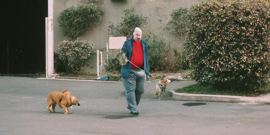 Image similar to obese bald british man with no neck walking his small dog on the sidewalk next to a bush, cinestill 8 0 0 t