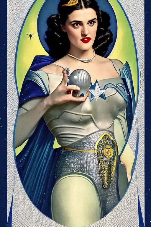 Prompt: Katie Mcgrath as the princess Ardala , buck rogers , a beautiful art nouveau portrait by Gil Elvgren, beautiful sci-fi city environment, front centred symmetrical composition, defined features, silver jewellery, stars in her gazing eyes