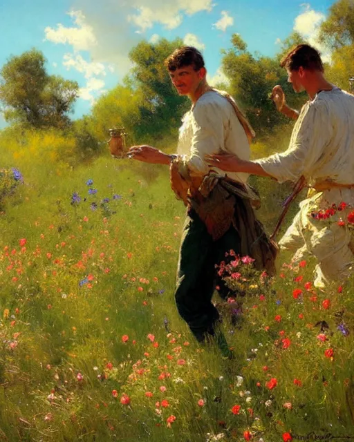 Image similar to handsome men reminisce about the end of spring in a field of bright flowers, cool colors, hard angles, painting by gaston bussiere, craig mullins, j. c. leyendecker