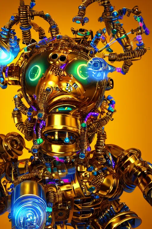 Image similar to photo of a smiling golden and blue metal steampunk robotbust covered with multicolored tubes and gears, eyes are glowing green lightbulbs, arms are music instruments, shiny crisp finish, 3 d render, 8 k, insaneley detailed, fluorescent colors