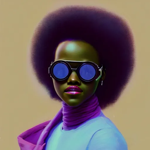 Image similar to Lupita Nyongo wearing opaque reflective goggles profile picture by Greg Rutkowski, brown skin, long afro hair, asymmetrical, futuristic, volumetric lights, cool colors, streetwear, studio ghibli, Organic Painting , Matte Painting, geometric shapes, hard edges, street art, trending on the artstation, fantasy LUT, realistic by Sachin Teng + Martin Grip + Moebius, techwear, Industrial Scifi, detailed illustration, character portrait,