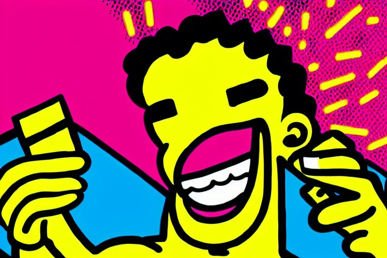 Image similar to pop art of someone taking a selfie smiling during the apocalypse, bright neon colors, intricate details, complementary colors, detailed face, backlighting, octane render, depth of field, extremely detailed, trending in artstation, focus on face, sharp focus, radiant light, beautiful composition, drawn by roy lichtenstein, keith haring, romero britto