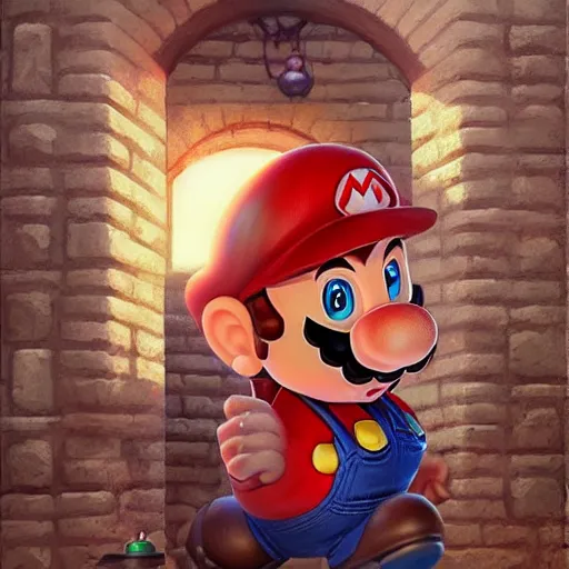 Image similar to man super mario is an rpg character, hiding behind a brick wall, dark mood, highly detailed, digital painting, artstation, illustration, art by artgerm and greg rutkowski and alphonse mucha