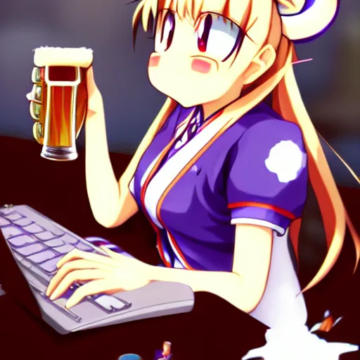 Image similar to suika ibuki from touhou project drinking beer and sitting at a computer, anime art, touhou project, suika, imageboard, personal computer, amazing composition